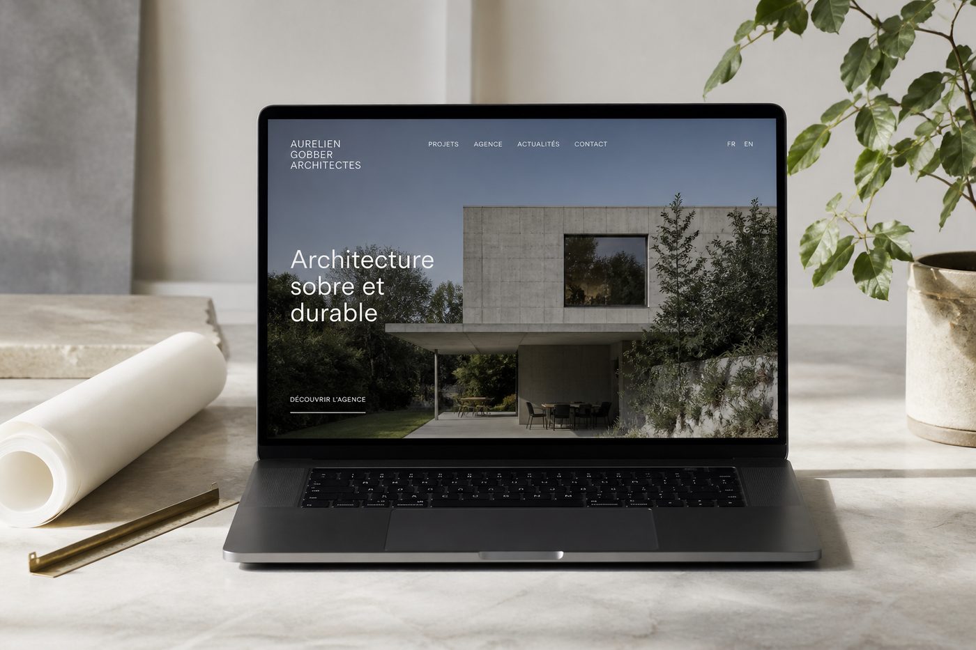 Architecture studio website mockup on a laptop