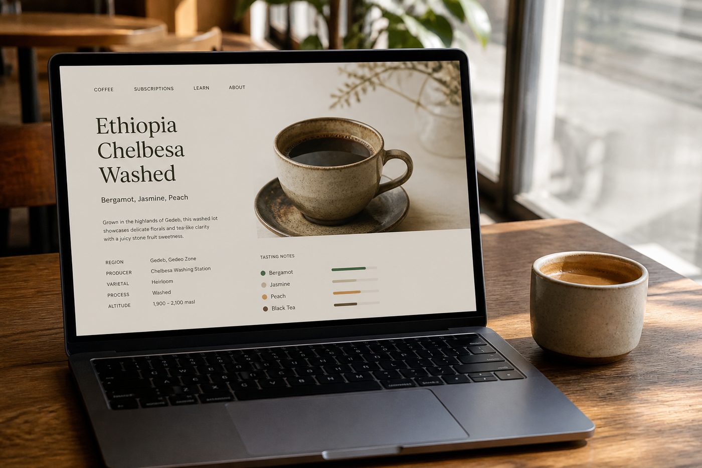 Coffee roastery website mockup on a laptop in a cafe