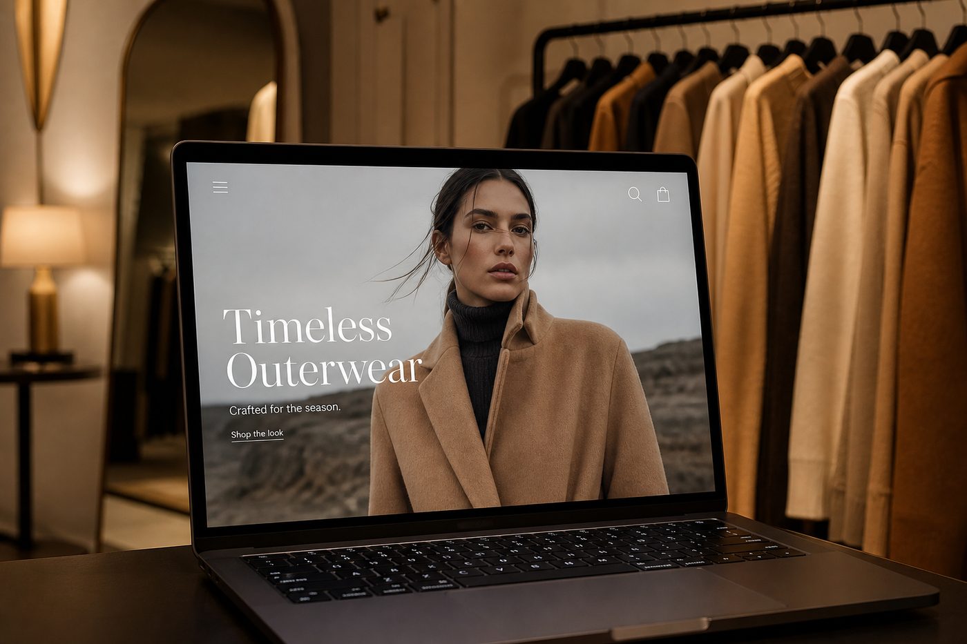 Fashion website mockup in a boutique interior