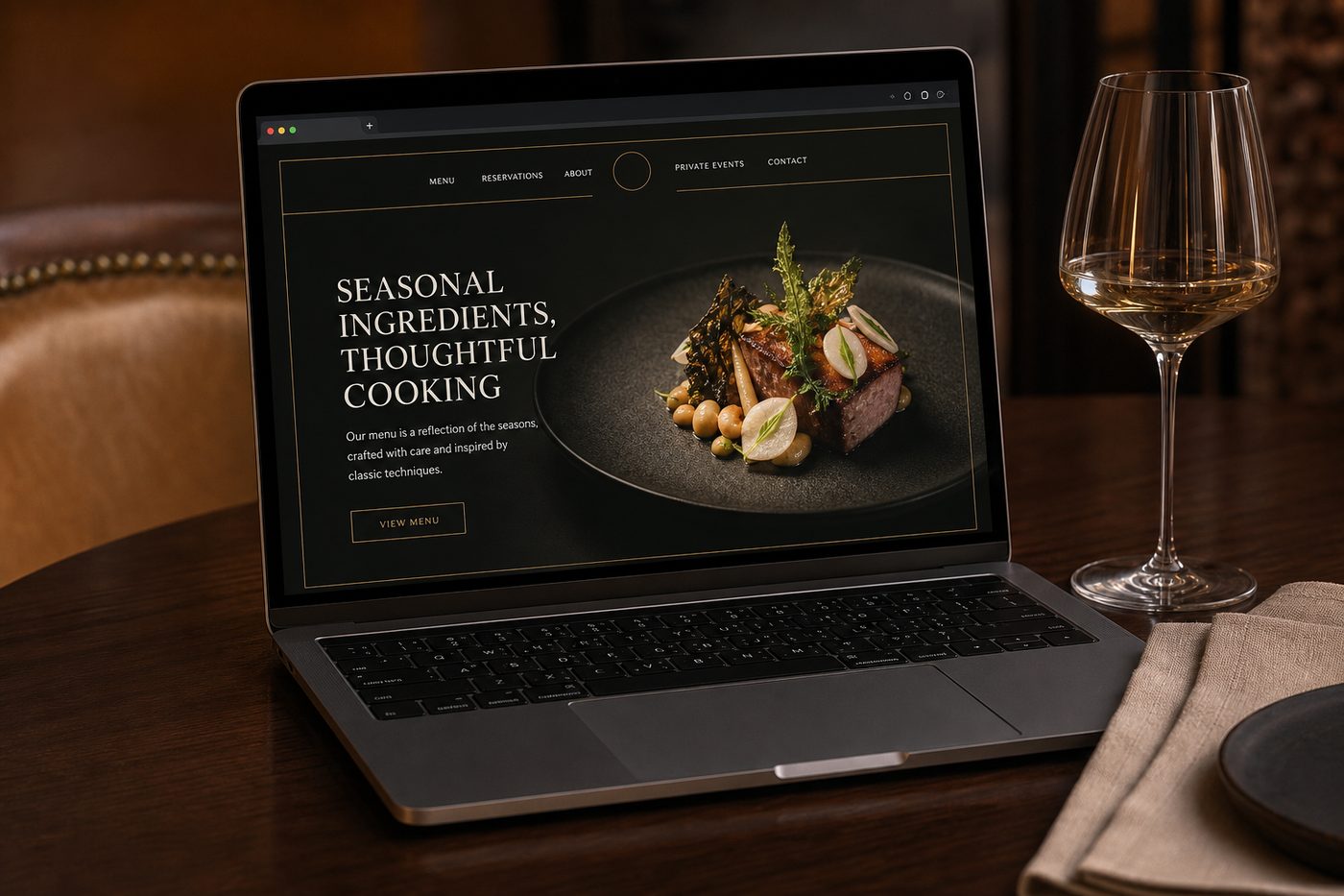 Restaurant website mockup on a laptop beside a wine glass